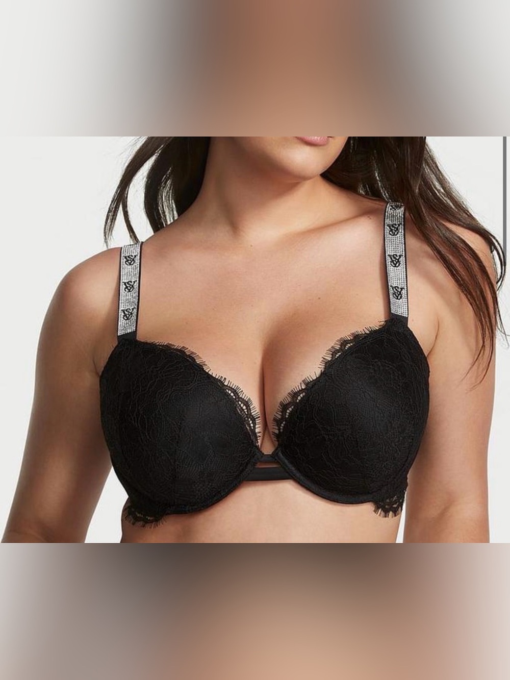Victoria's Secret Black Lace Push-Up Bra with Branded Straps 34D